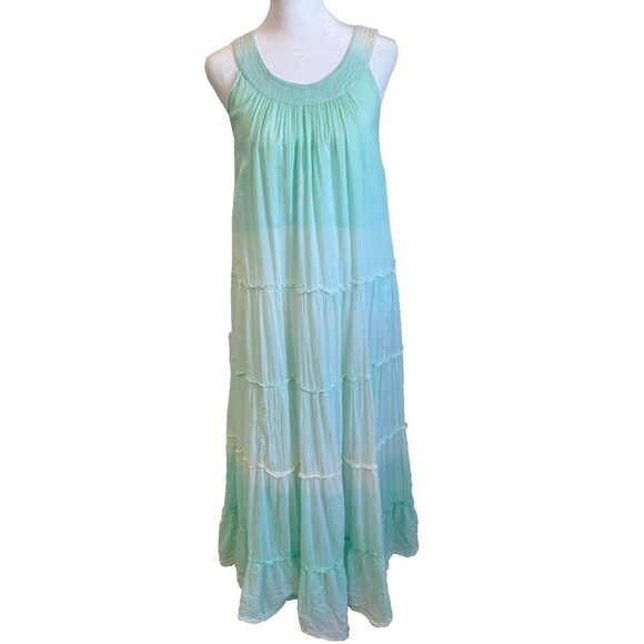 Boho Tiered Maxi Dress Mint Ombre Cotton Flowy Beach Summer Resort Wear Sz L - Picture 1 of 10